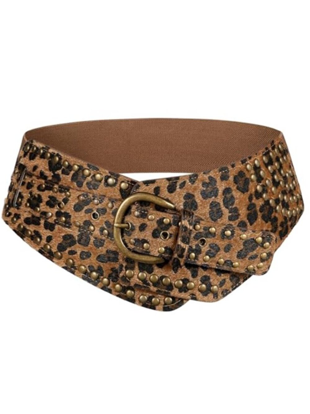 Leopard Print Wide Elastic Waist Belt Vegan Leather Studded Rivet Stretch